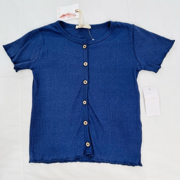 Jessica Simpson Other - JESSICA SIMPSON Girl Navy Ribbed Lettuce Trim Button Down Short Sleeve Top L(10)
